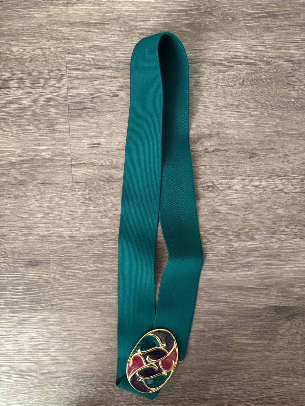 Teal Elastic Women's Belt with Multicolor Enamel Buckle - Picture 6 of 6
